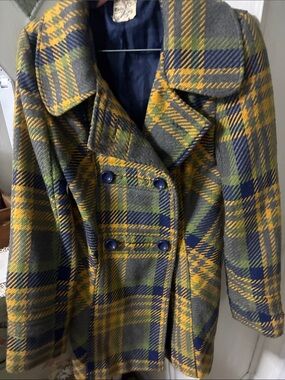Tulle Plaid Double-Breasted Pea Coat in Yellow, Green & Navy